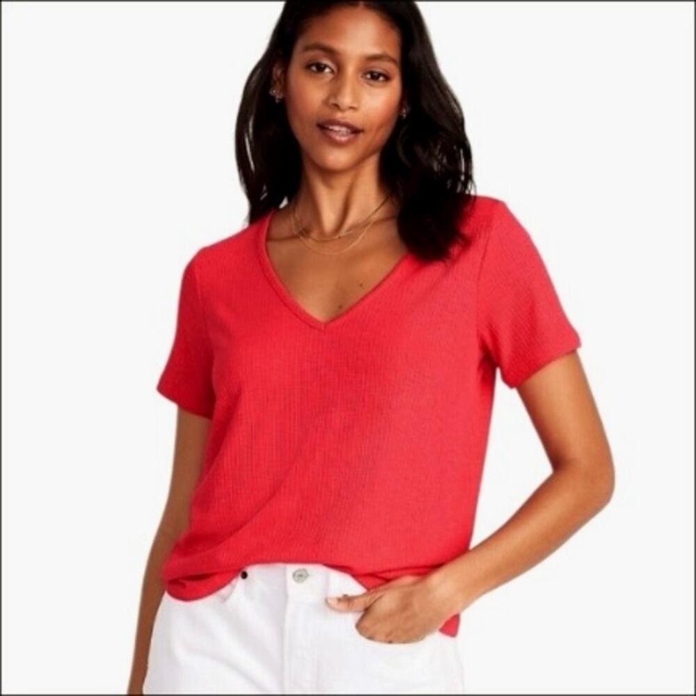 Old Navy Luxe Ribbed Knit V-Neck Short Sleeve Tee T-Shirt in Coral Size Medium
